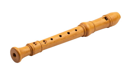 Wooden recorder flute on white background: detailed view of musical instrument © Nataliia