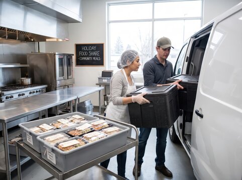 Restaurant Staff Handling Holiday Food Surplus Redistribution For Community