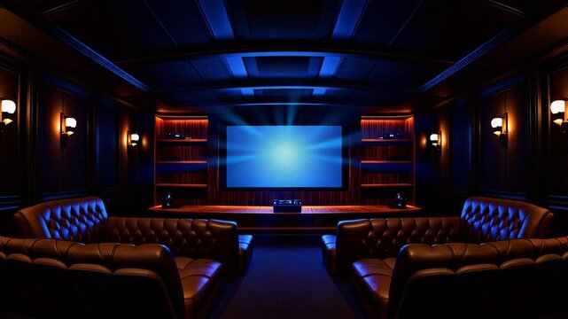 大型スクリーンとプロジェクターの光線が本格的な映画鑑賞を叶える革張りソファ付き高級ホームシアター空間