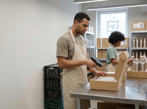 Worker managing holiday returns reverse logistics with scanner