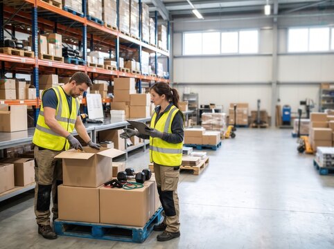 Retail Employees Managing Holiday Returns Reverse Logistics in Warehouse