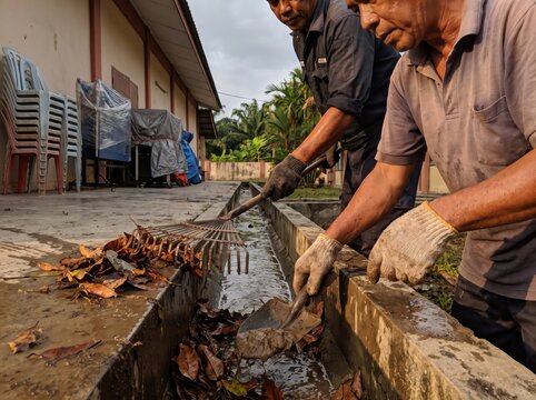 School Maintenance Crew Cleans Drainage During Tropical Rainy Season Holiday Operations