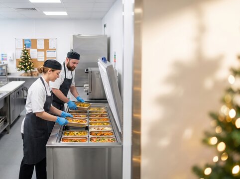 Staff managing holiday food surplus redistribution in kitchen