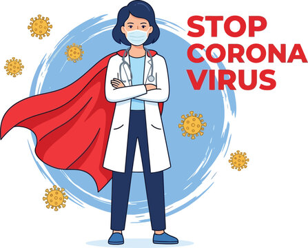 Female superhero doctor vector with red cape and mask, stop corona virus awareness poster, brave healthcare hero fighting covid pandemic