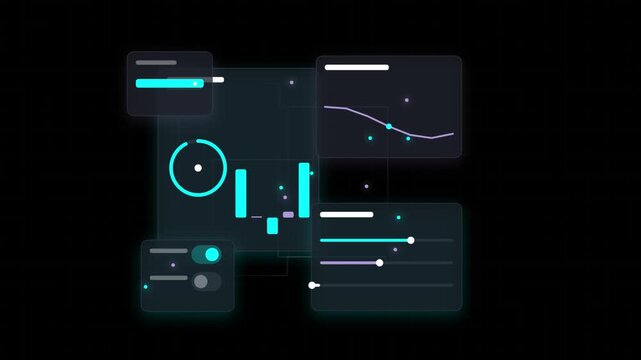 Futuristic digital dashboard displaying financial charts and data visualizations with sliders and switches