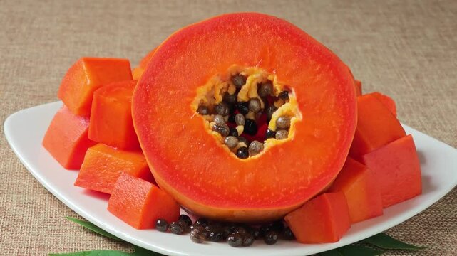 Sliced and Halved Papaya on a White Plate