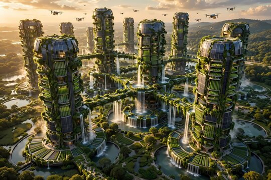 Futuristic Sustainable Vertical Forest City with Hydroponic Farm Towers Solar Energy and Waterfall Recycling System