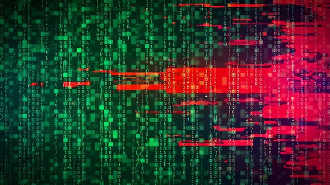 Red glitch bands tearing green pixel matrix