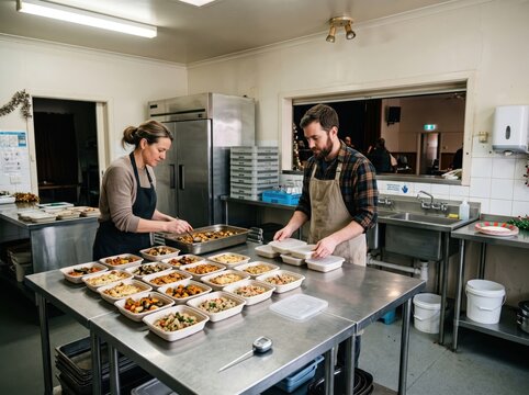 Volunteers preparing holiday food surplus redistribution meals