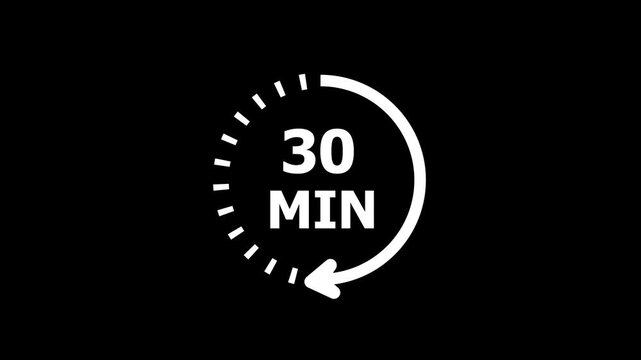 Countdown timer icons for 30 minutes in circular arrow animation. Circle arrow refresh icon with 30 min timer icon animation. Timer 30 minutes countdown clock with circular arrow