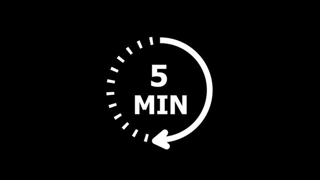 Clock with 5 min and circular arrows timer animation on transparent background. 5 Min arrow clock icon animation, 5 minute animation. timer 5 minutes countdown icon.4k