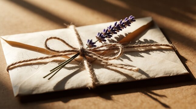 Vintage paper envelope tied with jute twine, dried lavender sprig. Rustic stationery with small purple flowers lies on warm wooden surface. Romantic wedding invitation old mail message with aesthetic