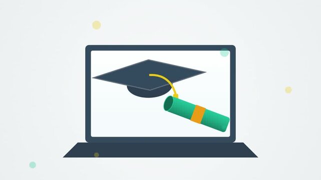 Digital learning concept with graduation cap and diploma on laptop screen