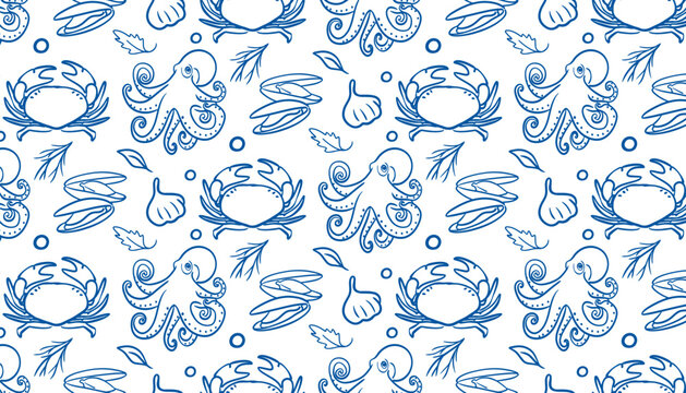 Pattern seamless seafood crabs octopuses mussels and seashells in blue doodle line art style on white background