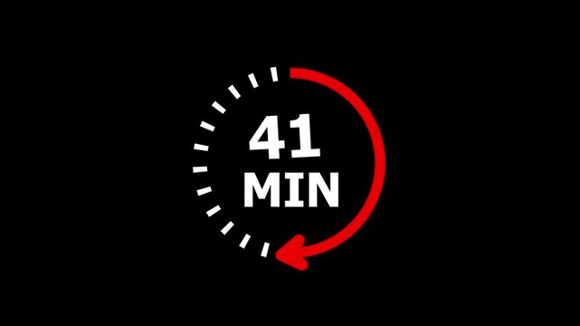 Clock with 41 min and circular arrows timer animation on transparent background. 41 Min arrow clock icon animation, 41 minute animation. timer 41 minutes countdown icon. Alpha Channel