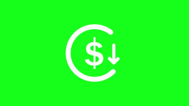 Money reduction icon animation on green ground. Dollar currency price drop concept. circle with down arrow