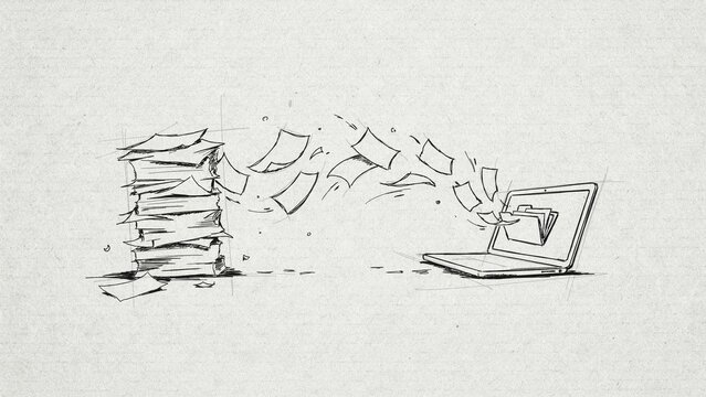 Pencil sketch illustration showing paper documents flying from a stack into a laptop computer.