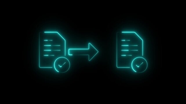Glowing cyne Neon Document Conversion and File Transfer Icon Animation, Data Migration and Successful Upload Process Concept.4k motion..