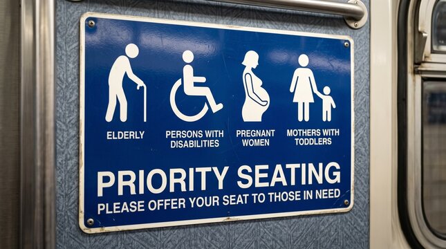 Priority seating sign inside a public transit train showing accessibility symbols for elderly disabled pregnant women