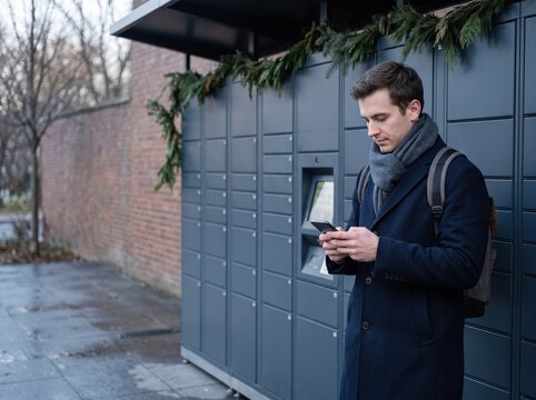 Man uses phone at parcel locker for holiday delivery scam prevention