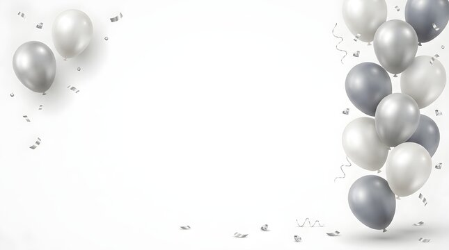 Silver and white balloons floating with confetti on white background