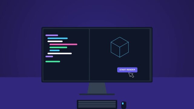 Desktop Monitor UI Animation with Start Render Button