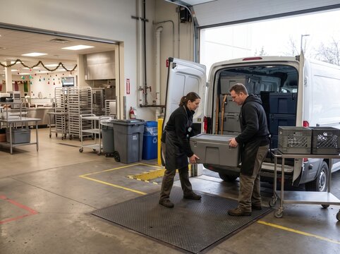 Workers managing holiday food surplus redistribution logistics