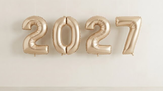 Gold foil balloons spell out the year two thousand twenty seven