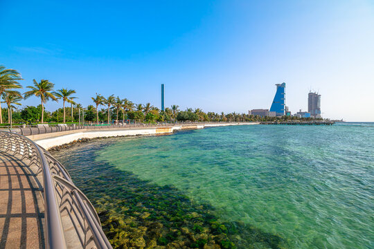 Beautiful view of Jeddah Waterfront in Saudi Arabia, featuring turquoise waters, palm-fringed shores, and a contemporary skyline overlooking the Red Sea.