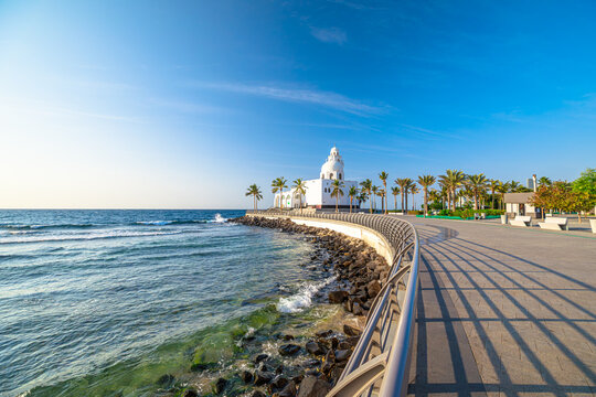 Scenic view of Island Mosque, a beautiful white mosque built on stilts over the Red Sea in Jeddah, Saudi Arabia, a testament to architectural ingenuity
