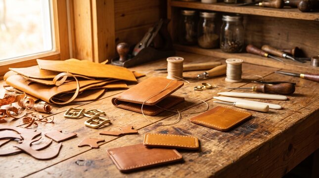 Handmade leather goods and crafting tools displayed on wooden workbench inside artisan workshop