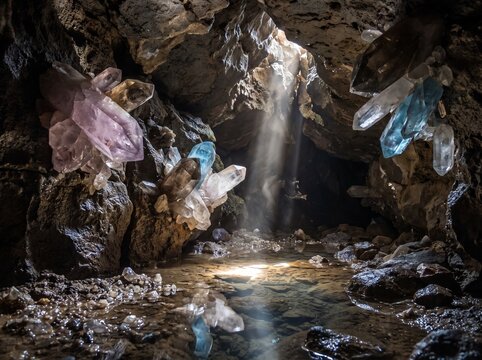 Glowing crystal cave with bright sunlight piercing through the rocky ceiling above underground water pool