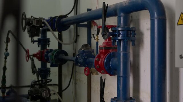 Industrial water supply pipes with valves inside building utility room