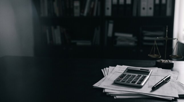 Consumer Debt Collection Law and Financial Legal Protection with Calculator and Documents in Dark Cinematic Office