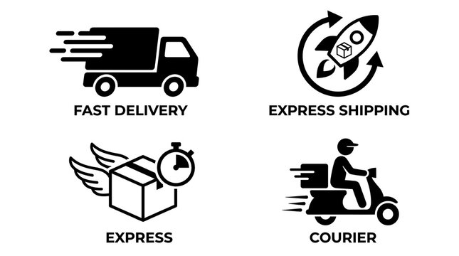 Set of black and white vector icons featuring delivery services, courier on a scooter, express shipping with a rocket, and fast delivery truck symbols