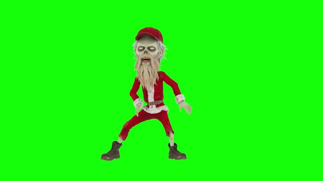 Christmas New Year Halloween 3D animation of a spooky and funny zombie Santa Claus dancing on a green screen chroma key.