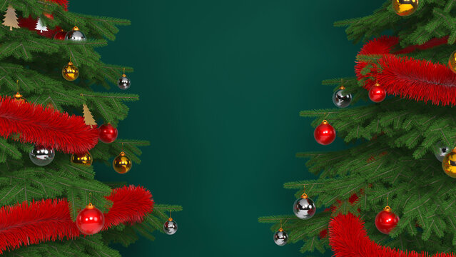 Christmas Tree Frame Background with Red Tinsels and Ornaments on Dark Green Space - 3D rendering