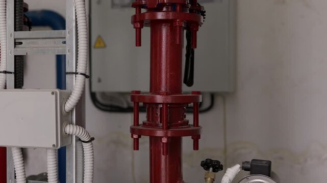 Red industrial pipeline with flanged connections in building utility room