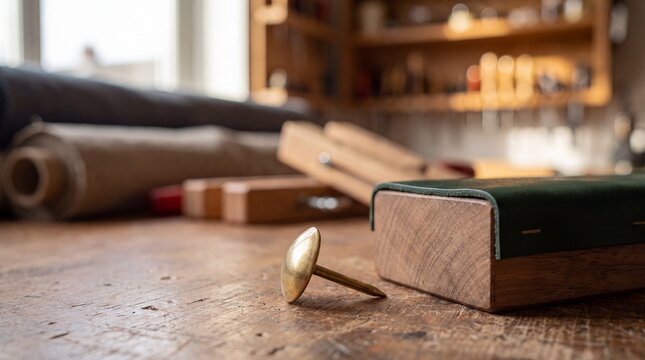 Brass upholstery tack and leather on scratched wooden workbench in workshop
