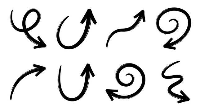 Set of hand drawn black curved arrows and swirls