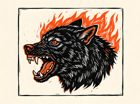 Fierce wolf head illustration with fiery mane and open mouth