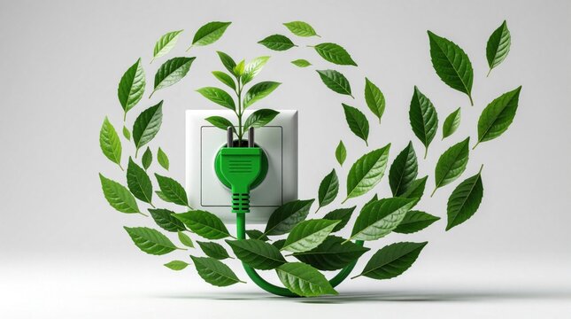 Green electric plug connects to wall outlet with growing plant leaves. Concept of eco friendly energy, renewable power supply. Sustainable electricity solution using organic nature elements for clean