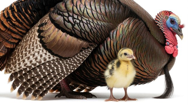 Adult wild turkey, small young poult stand on white background. Mother bird protects cute baby poultry. Domestic farm animals poultry group in studio portrait. Avian family with colorful feathers,