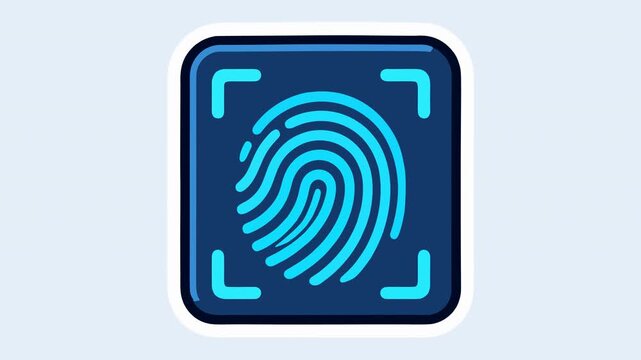 Flat sticker style icon of a dark blue fingerprint scanner with glowing cyan fingerprint ridges and four corner brackets, on a soft pale blue background with copy space. A biometric scan runs: the fin