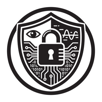 Cybersecurity and Data Protection Shield Icon Vector Illustration with Padlock, Circuit Board, and Binary Code