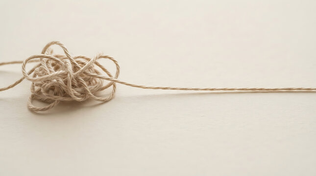 A tangled ball of twine unraveling into a long, neat strand on a plain surface