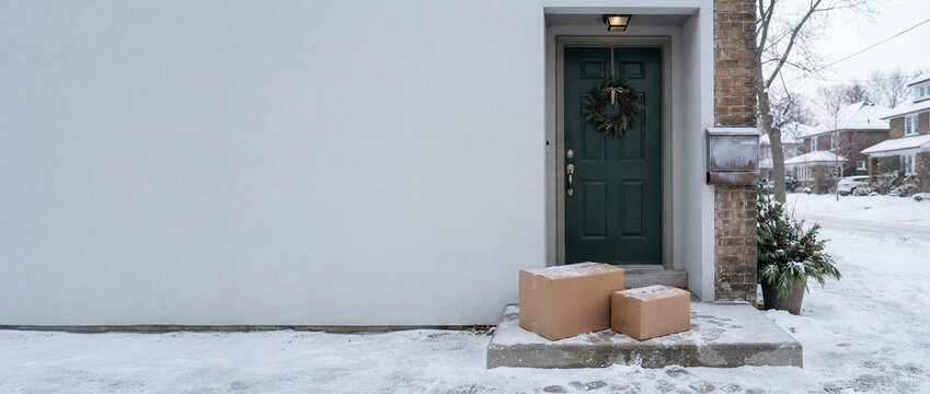 Holiday Delivery Boxes beside Green Door on Snowy Residential Exterior