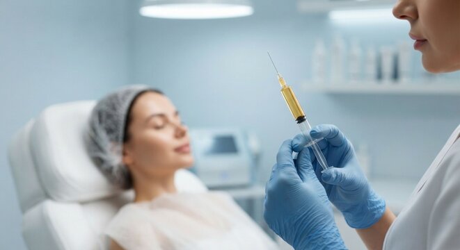 Doctor holding syringe with golden PRP plasma solution for facial injection