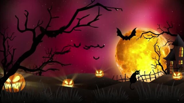 An animated background featuring a spooky yet captivating Halloween night theme. A giant, bright yellow full moon sits in a night sky shaded in pink and dark purple.
