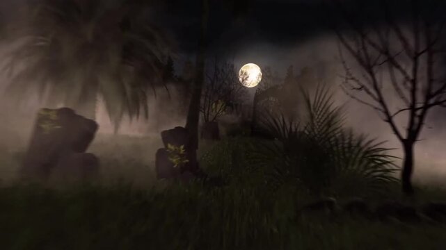 An animation set in a gloomy and eerie graveyard at night. The scene features a bright full moon, thick fog blanketing the ground, dead trees, palm trees, and tombstones.